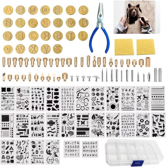112-Piece Wood Burning Tip Set – Pyrography Tips, Letters, Stencils & Patterns for DIY Woodcrafts.